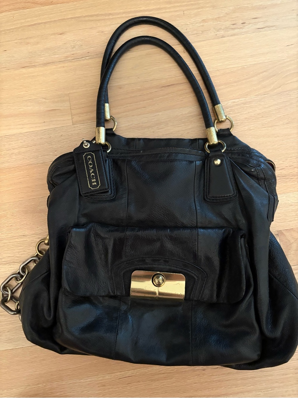 Coach Black Leather Shoulder Tote with Gold Hardware